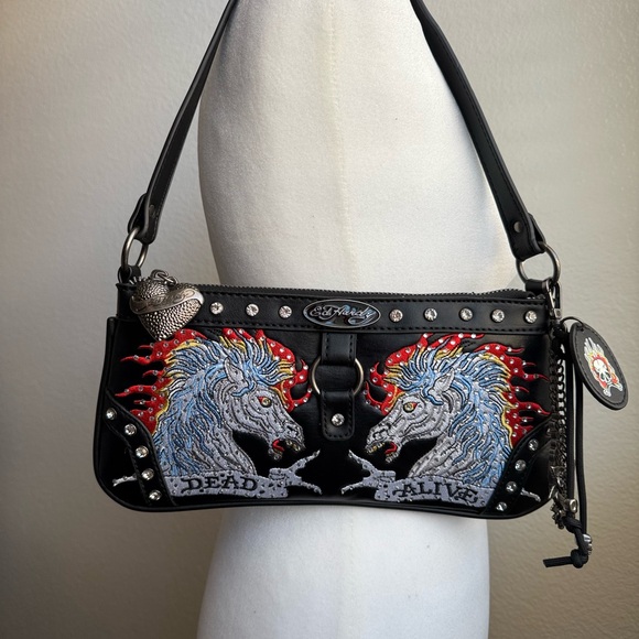 Ed Hardy Black Shoulder Bag with Embroidered Unicorns - Picture 2 of 6